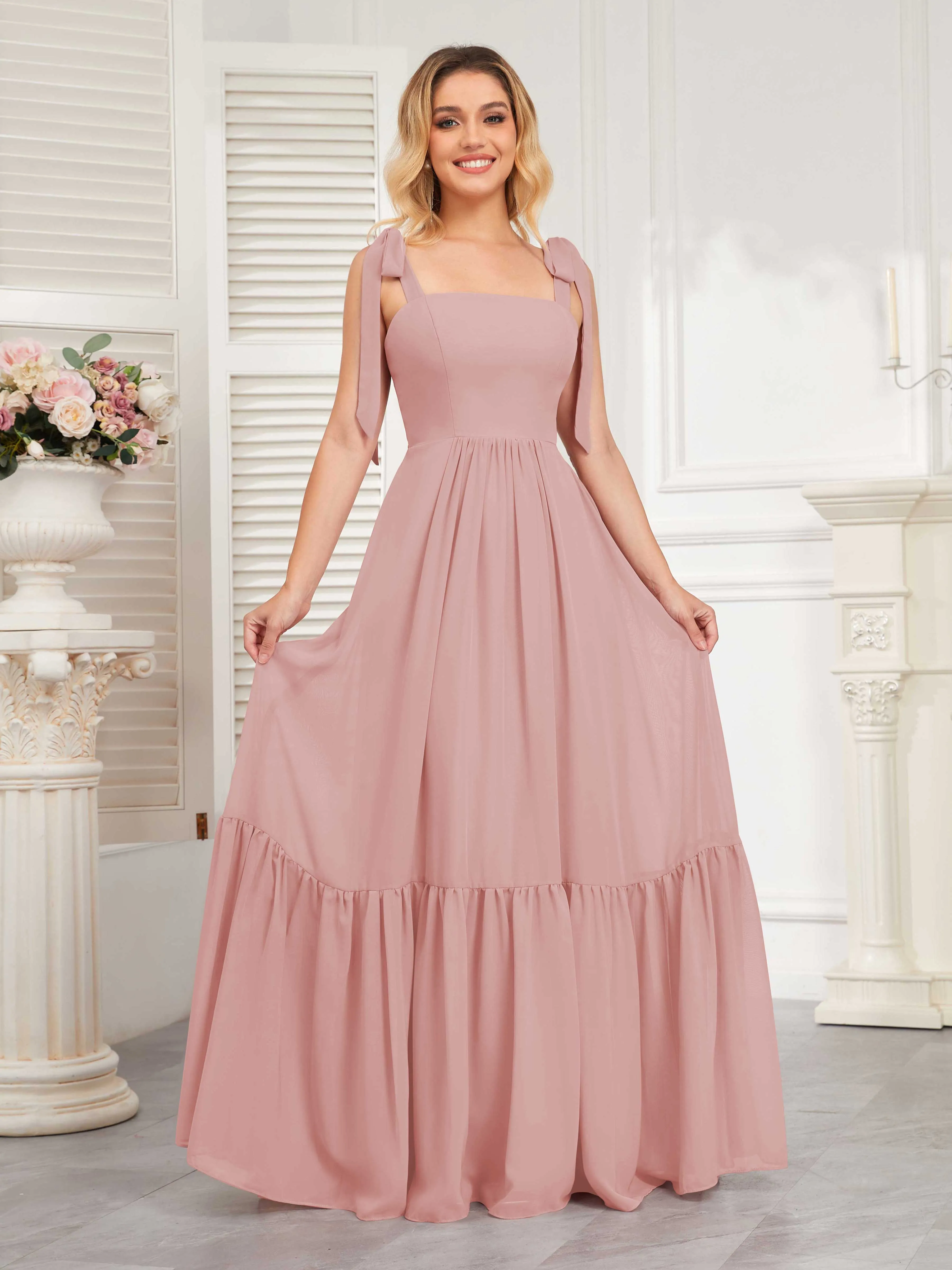 Aitana Flowing Square Neckline Long Chiffon Bridesmaid Dresses