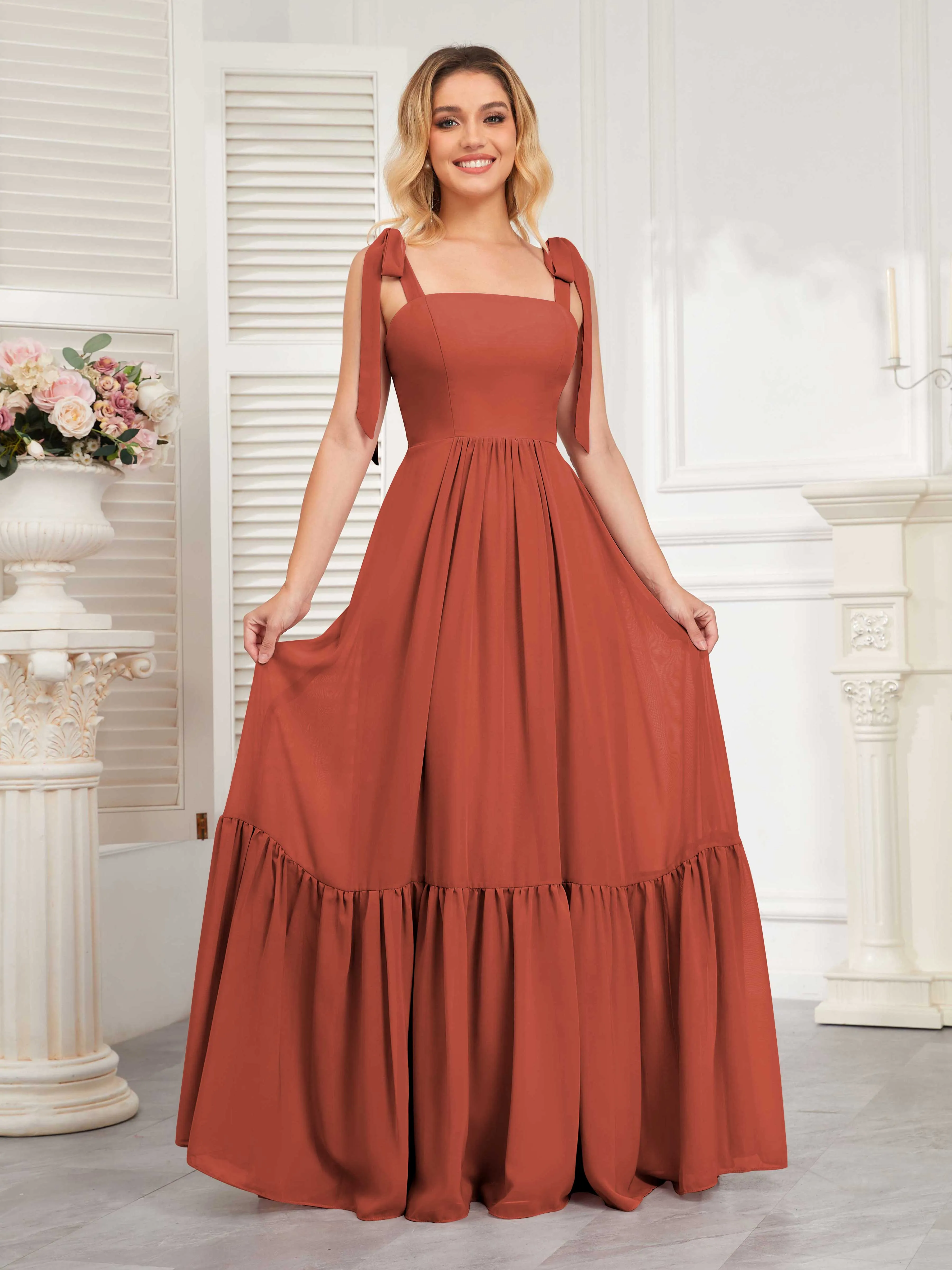 Aitana Flowing Square Neckline Long Chiffon Bridesmaid Dresses