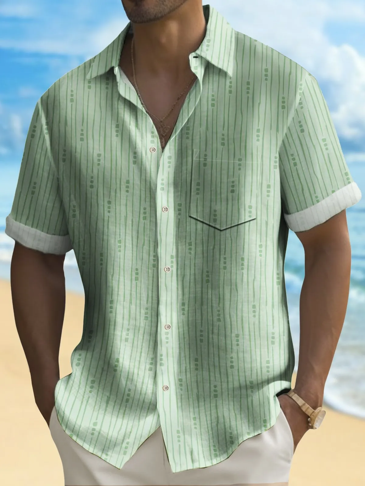 Alohadaddy Basic Striped Men's Hawaiian Shirt Stretch Easy Care Pocket Camping Shirt Big Tall