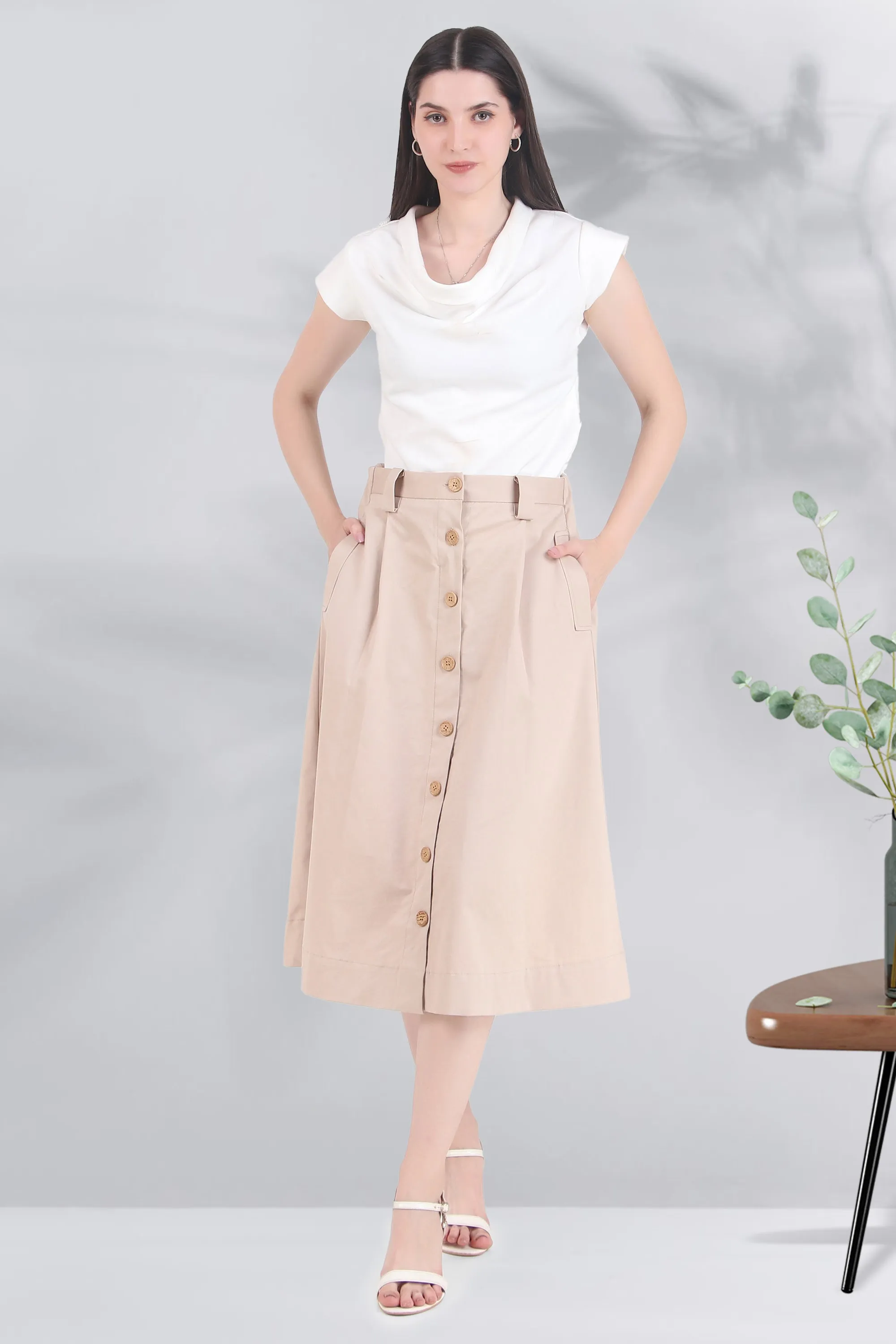 Button Down Skirt, Beige