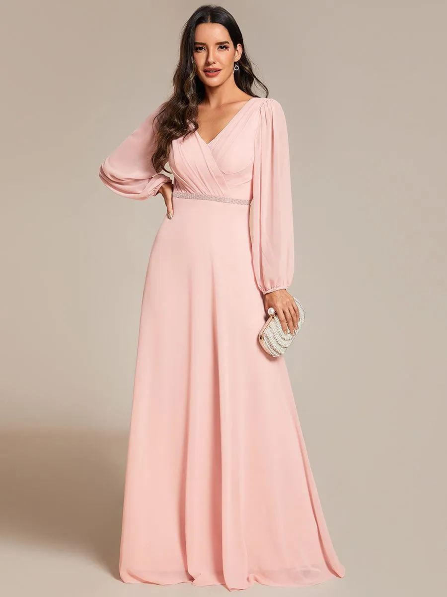 Clara | Pleated Double V-Neck Long Sleeves Shiny Belt Chiffon Evening Dress