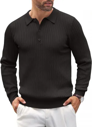 COOFANDY Mens Knit Polo Shirts Casual Long Sleeve Classic Polo Shirts Button Down Golf Shirts
