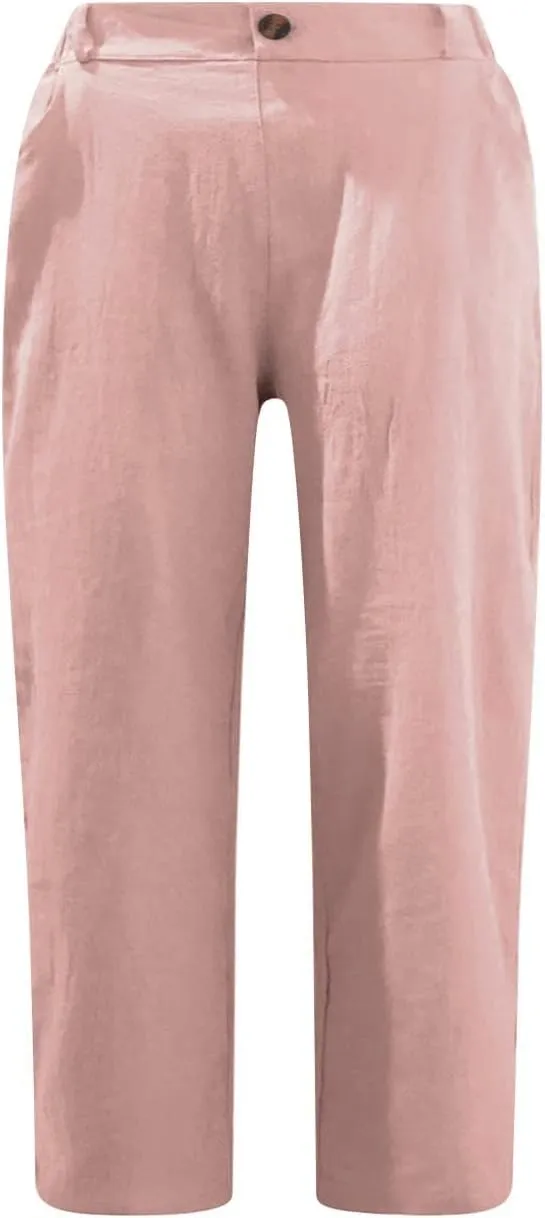 Cotton Linen Cropped Pants for Women Loose Casual Capris Breathable Lightweight Dress Pant Summer Straight Leg Trousers