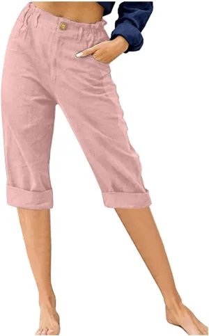 Cotton Linen Cropped Pants for Women Loose Casual Capris Breathable Lightweight Dress Pant Summer Straight Leg Trousers