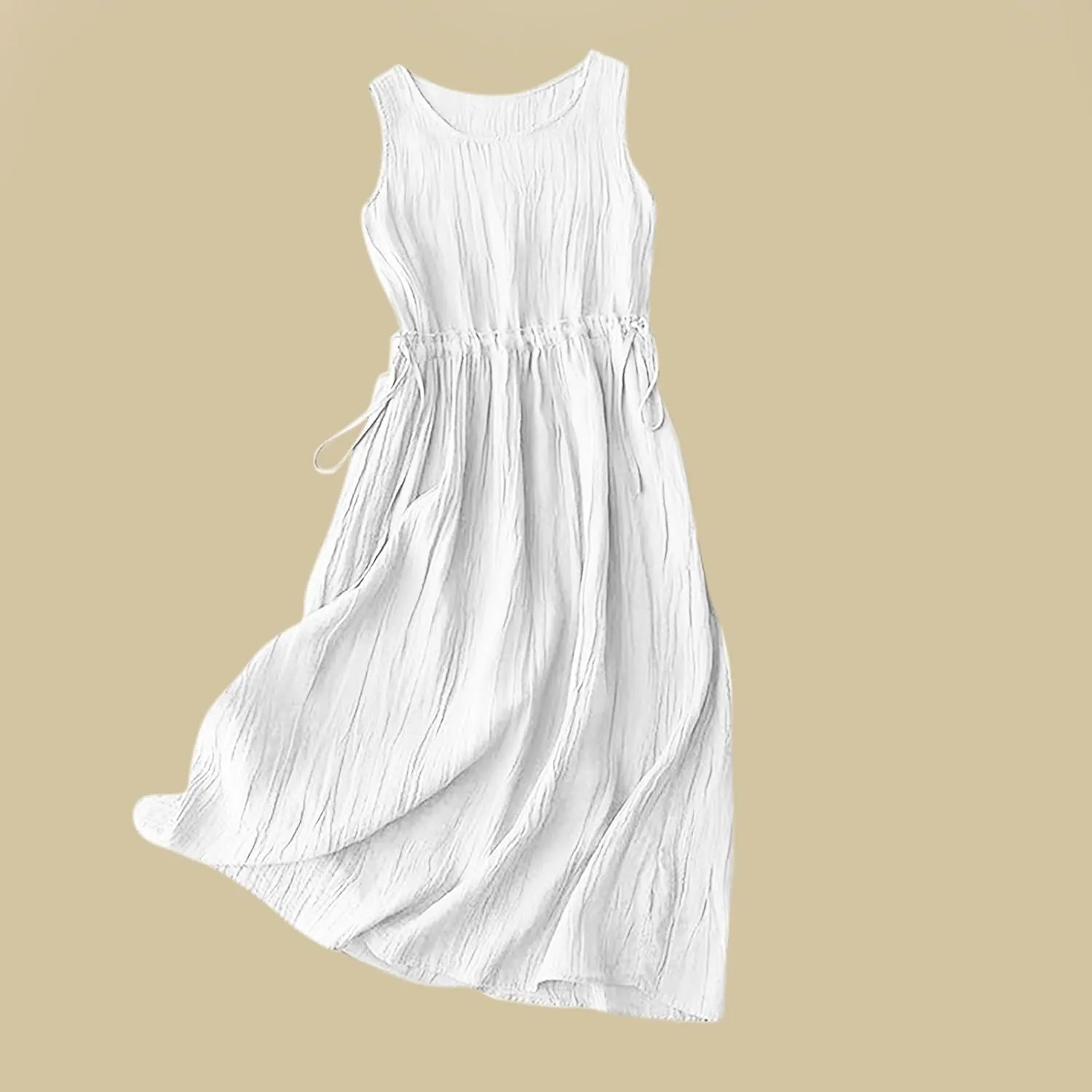 DDAPJ pyju Womens Summer Cotton Linen Tank Dress Drawstring Waist Sleeveless Midi Dresses Crewneck Loose Flowy Sundresses
