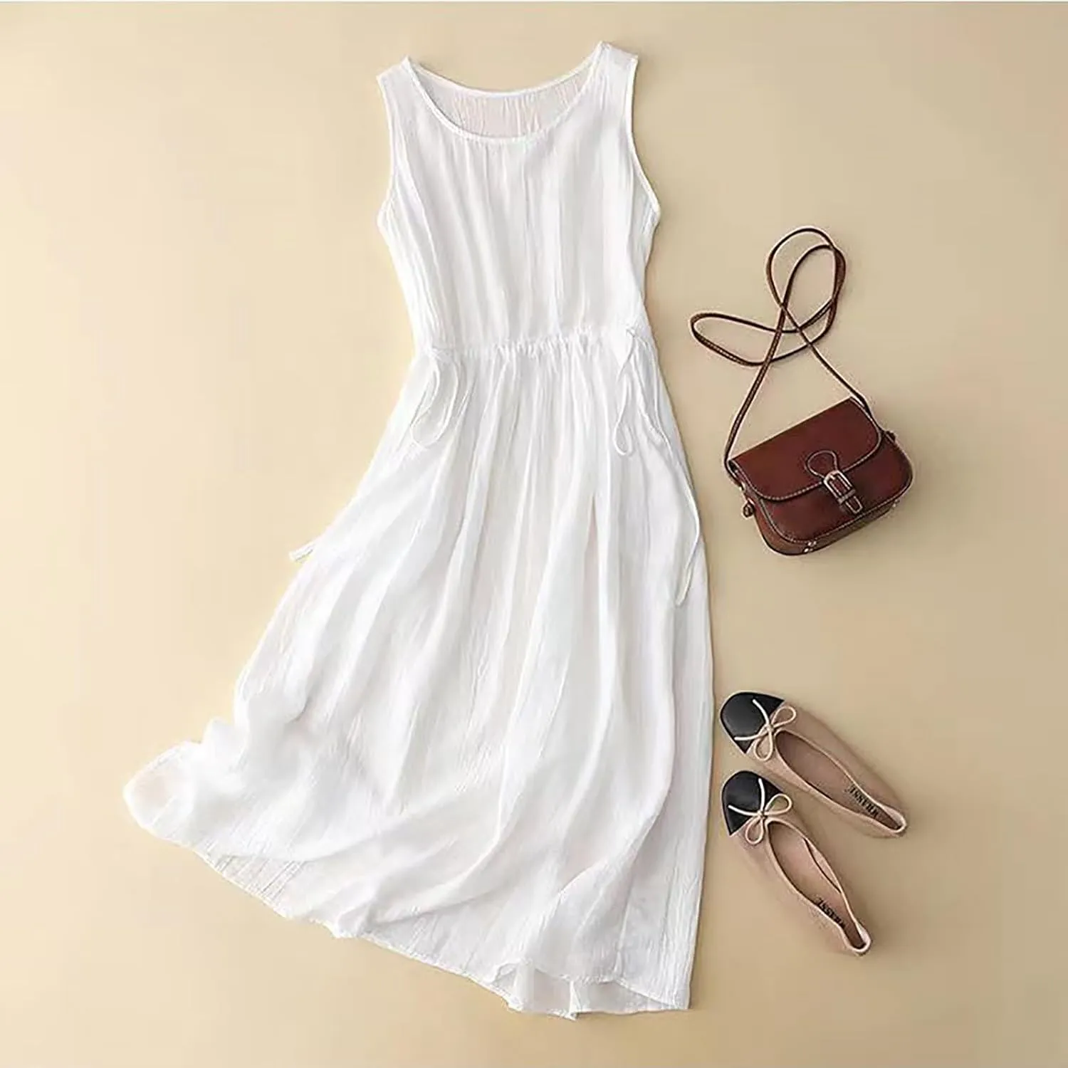 DDAPJ pyju Womens Summer Cotton Linen Tank Dress Drawstring Waist Sleeveless Midi Dresses Crewneck Loose Flowy Sundresses