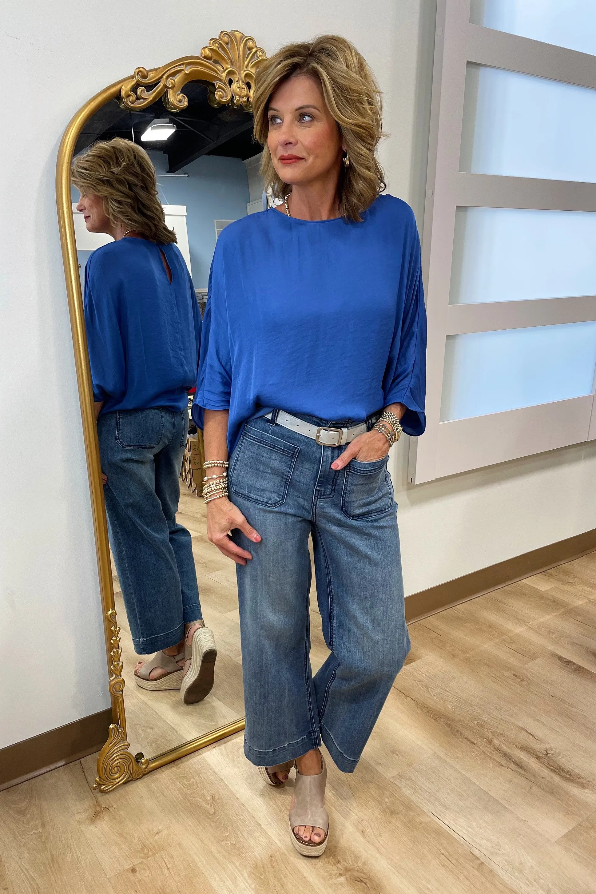 Easy Going 3/4 Sleeve Batwing Blouse Cobalt