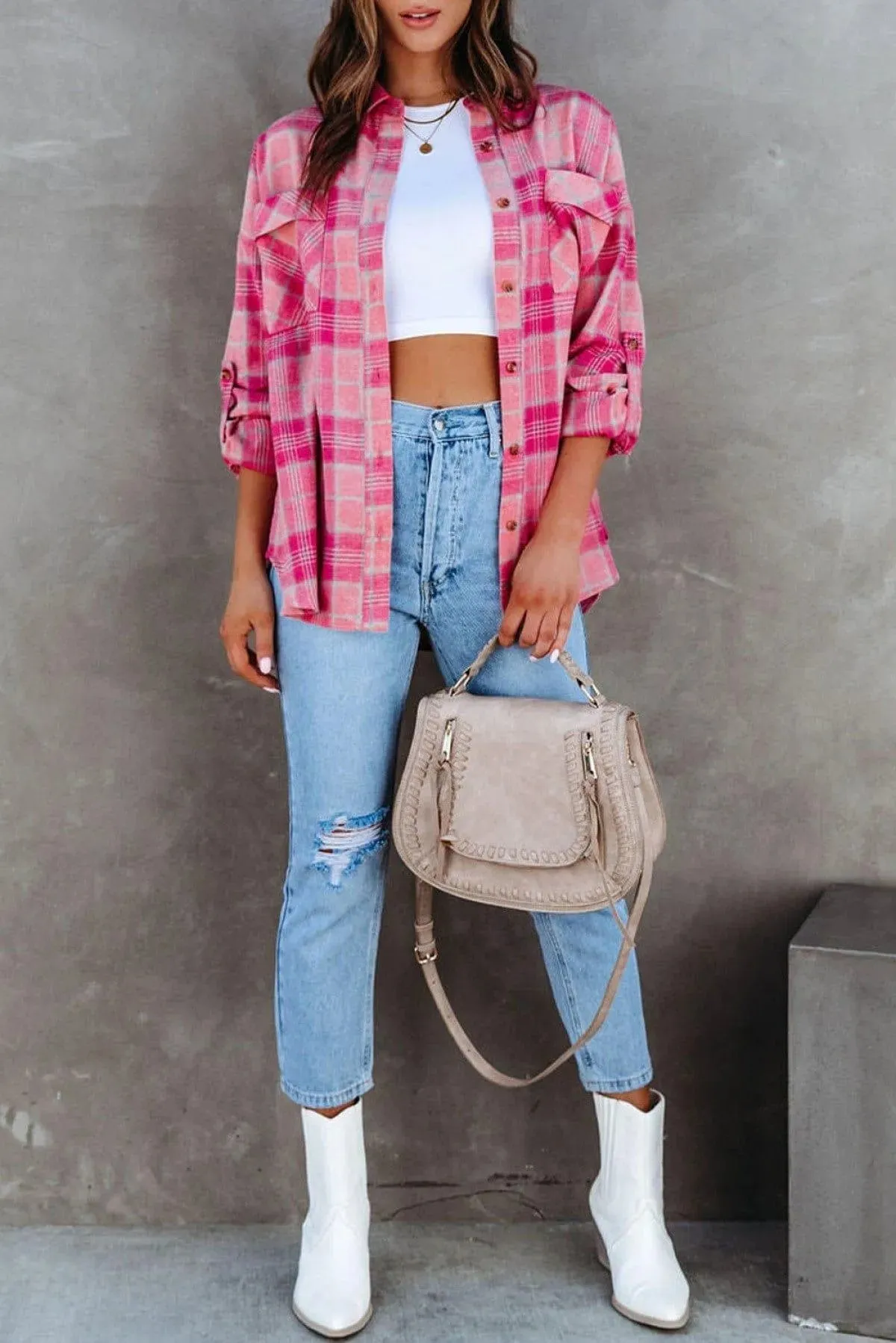 French Style Plaid Button Up Shirt Pink