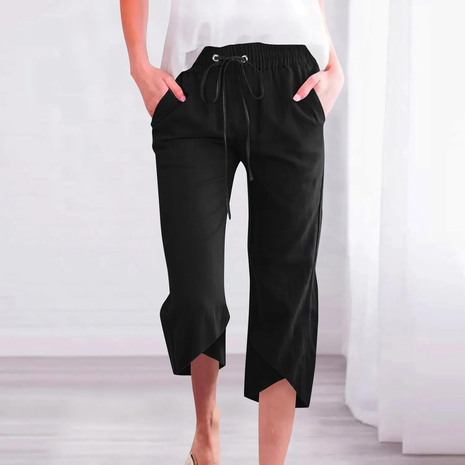 FZYLQY Cotton Linen Pants for Womens 2025 Summer Elastic Waist Solid Capris Pants Straight Wide Leg Cropped Trousers
