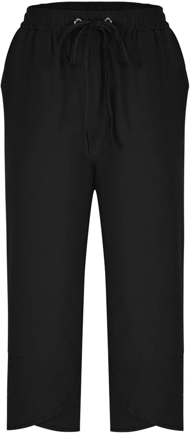FZYLQY Cotton Linen Pants for Womens 2025 Summer Elastic Waist Solid Capris Pants Straight Wide Leg Cropped Trousers