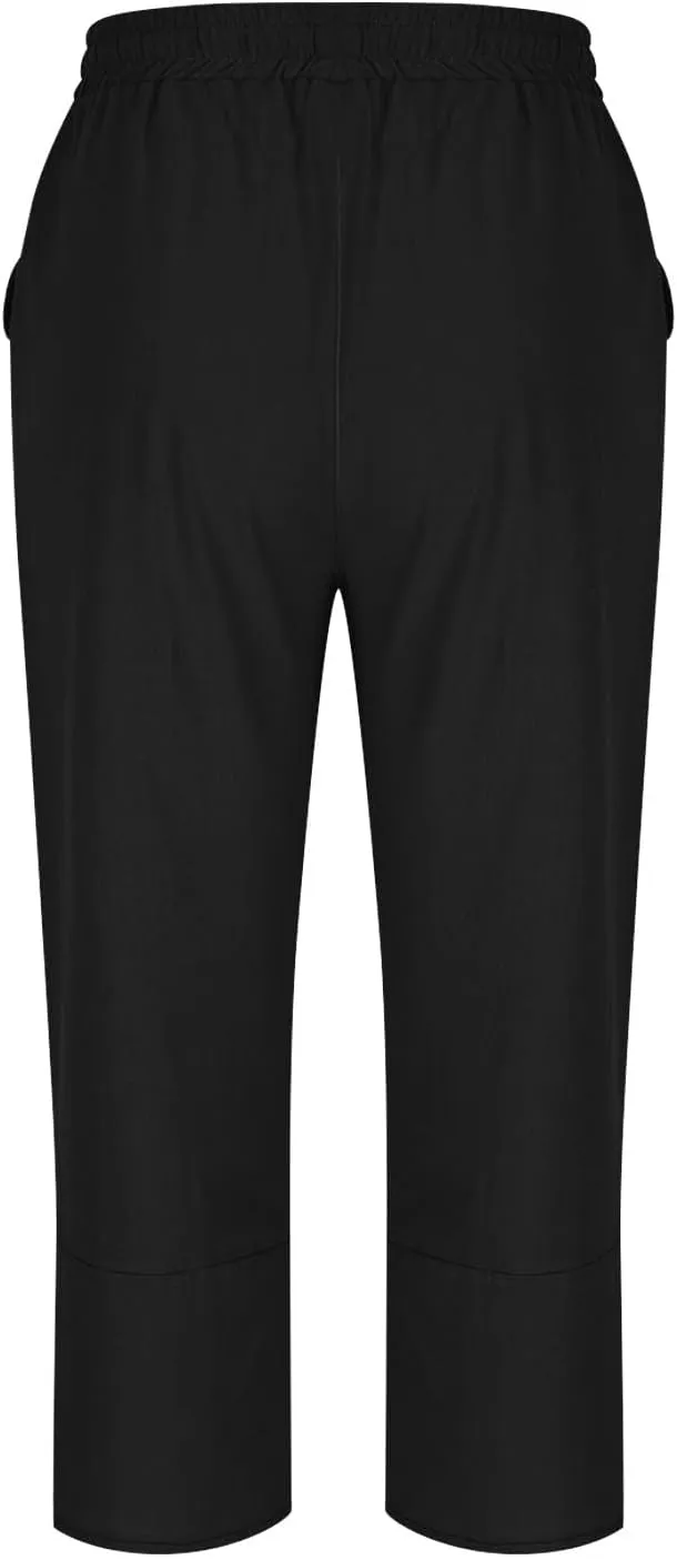 FZYLQY Cotton Linen Pants for Womens 2025 Summer Elastic Waist Solid Capris Pants Straight Wide Leg Cropped Trousers