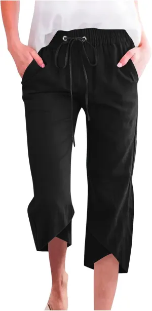 FZYLQY Cotton Linen Pants for Womens 2025 Summer Elastic Waist Solid Capris Pants Straight Wide Leg Cropped Trousers