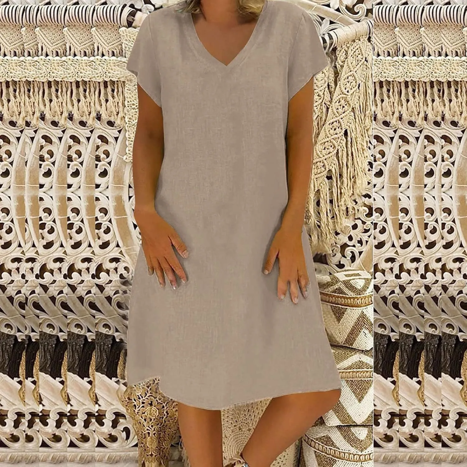Linen Dresses for Women 2025 Summer Casual V-Neck A Line Dress Trendy Cap Sleeve Sun Dresses Vacation Beach Clothing