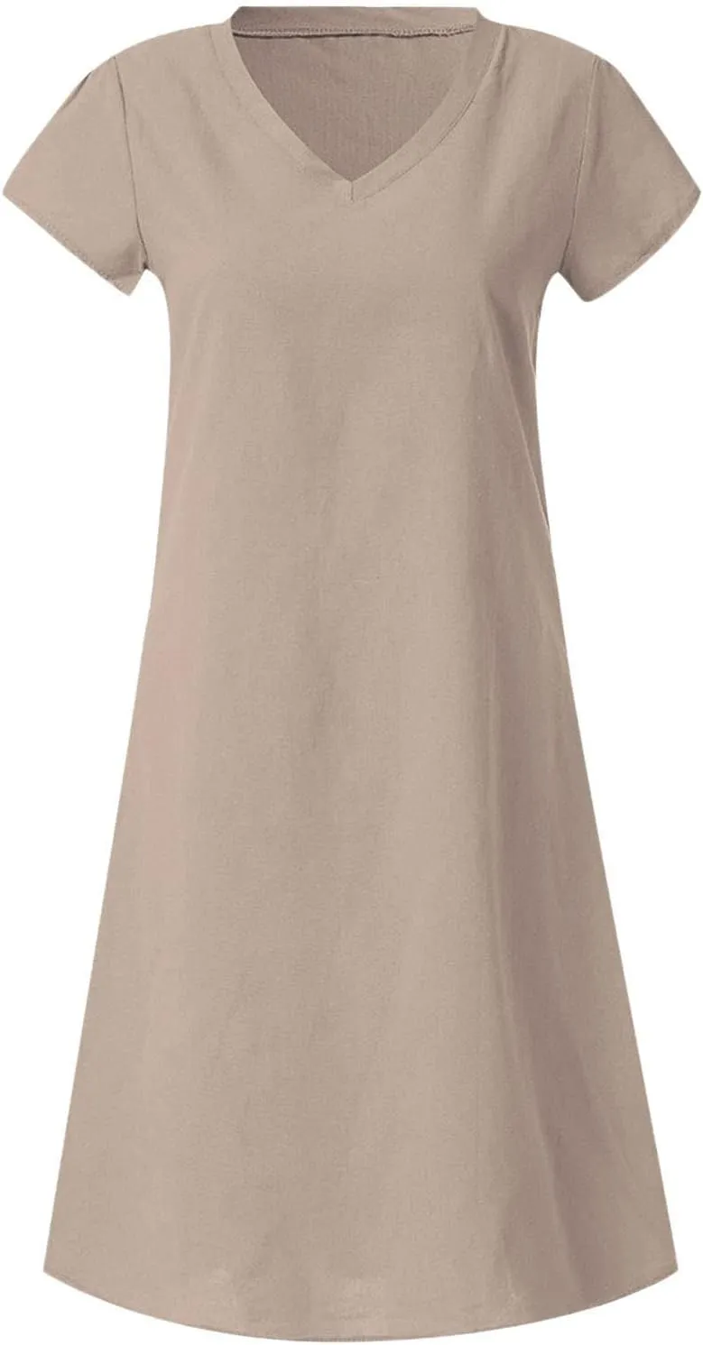 Linen Dresses for Women 2025 Summer Casual V-Neck A Line Dress Trendy Cap Sleeve Sun Dresses Vacation Beach Clothing