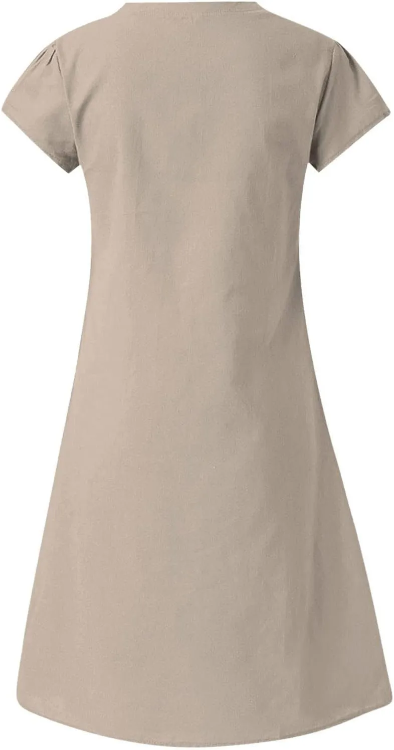 Linen Dresses for Women 2025 Summer Casual V-Neck A Line Dress Trendy Cap Sleeve Sun Dresses Vacation Beach Clothing