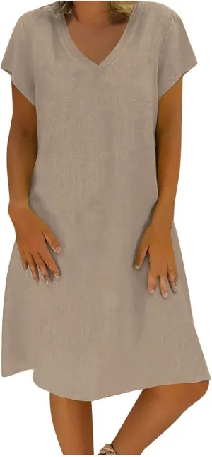 Linen Dresses for Women 2025 Summer Casual V-Neck A Line Dress Trendy Cap Sleeve Sun Dresses Vacation Beach Clothing