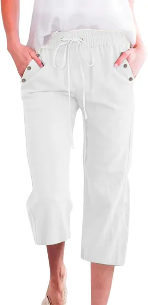 Linen Pant for Women Casual Summer Pants Solid Color Linen Blend 7/8 Pants Loose Fit Casual Trousers with Pockets