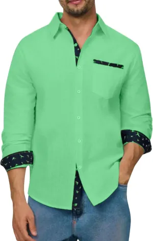 Long Sleeve Cotton Shirts for Men Button Down Mens Casual Untucked Stretch Wrinkle-Free Dress Shirt with Chest Pocket