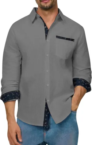 Long Sleeve Cotton Shirts for Men Button Down Mens Casual Untucked Stretch Wrinkle-Free Dress Shirt with Chest Pocket