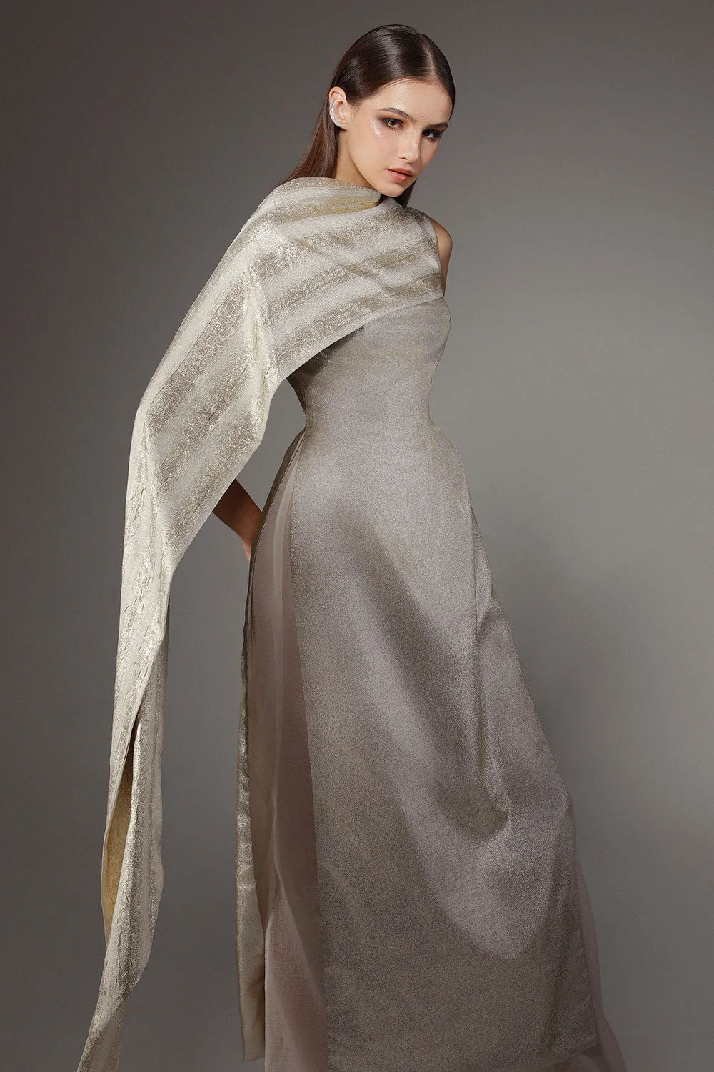 Lurex A-line Side Slit Polyester Floor Length Ao Dai