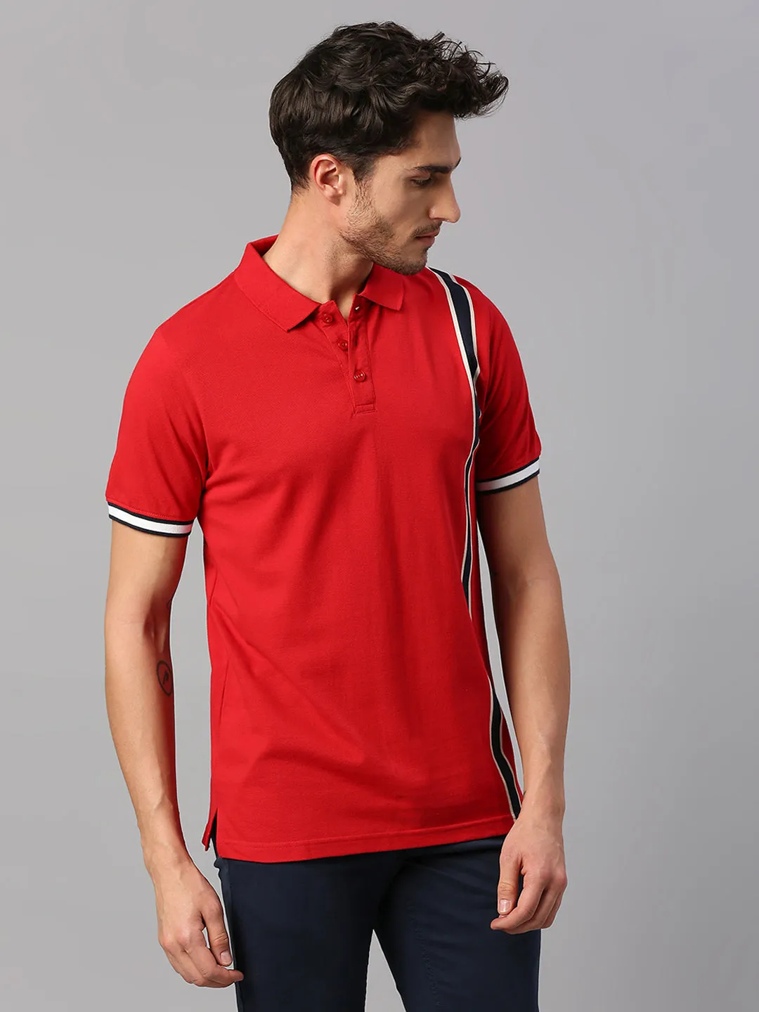 Men's Pure Cotton Striped Half Sleeves Polo T-Shirt (Red)