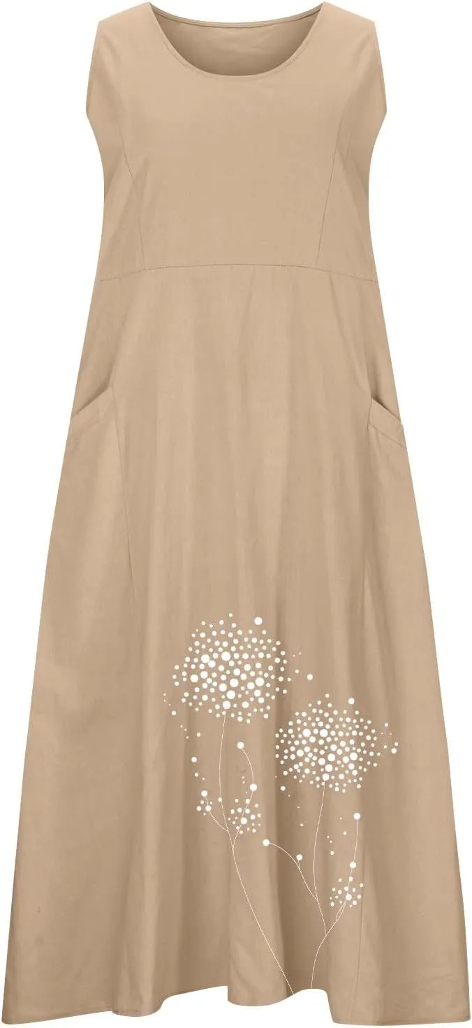 Midi Summer Dresses for Women 2025 Vacation Linen Sleeveless Scoop Neck Print Flowy Sundress Loose Beach Dress Pocket