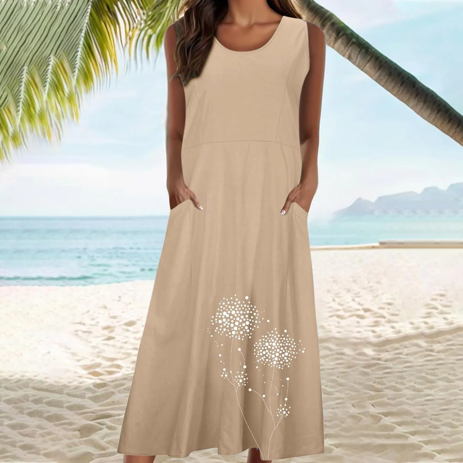 Midi Summer Dresses for Women 2025 Vacation Linen Sleeveless Scoop Neck Print Flowy Sundress Loose Beach Dress Pocket