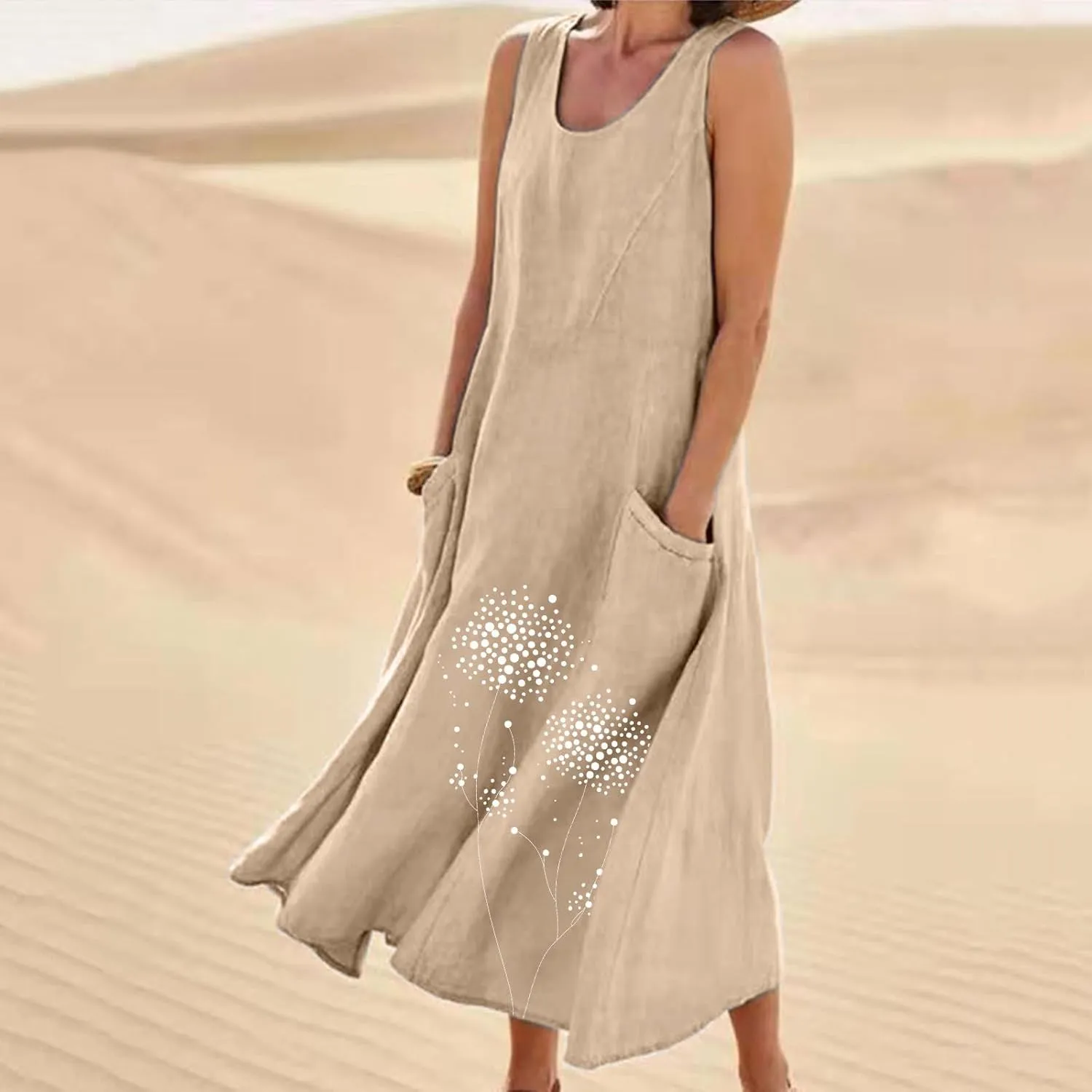 Midi Summer Dresses for Women 2025 Vacation Linen Sleeveless Scoop Neck Print Flowy Sundress Loose Beach Dress Pocket