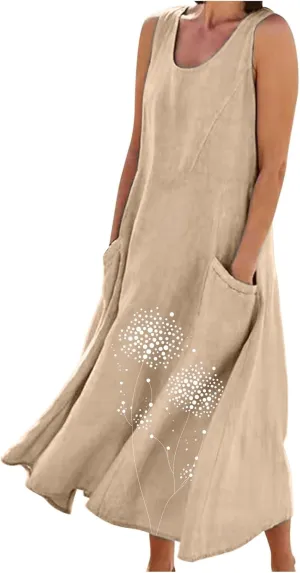 Midi Summer Dresses for Women 2025 Vacation Linen Sleeveless Scoop Neck Print Flowy Sundress Loose Beach Dress Pocket