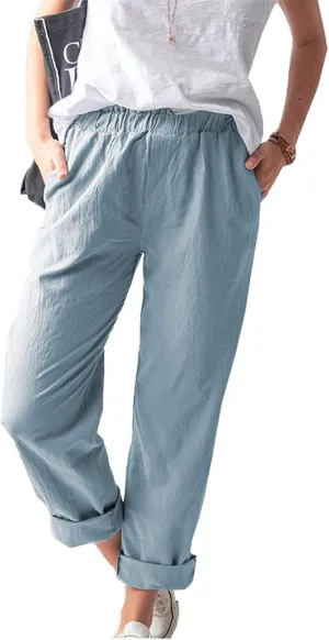 niuwa Cotton Linen Trousers for Women Elastic Waist Solid Color Casual Pants with Pockets Summer Boho Pants (Light Blue, M)