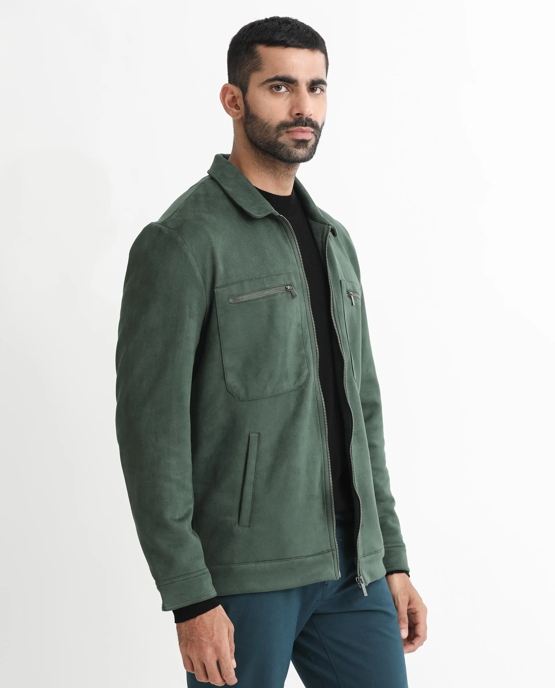 Rare Rabbit Men's Bax Green Suede Full Sleeves Zipper Closure Spread Collar Boxy Fit Solid Jacket