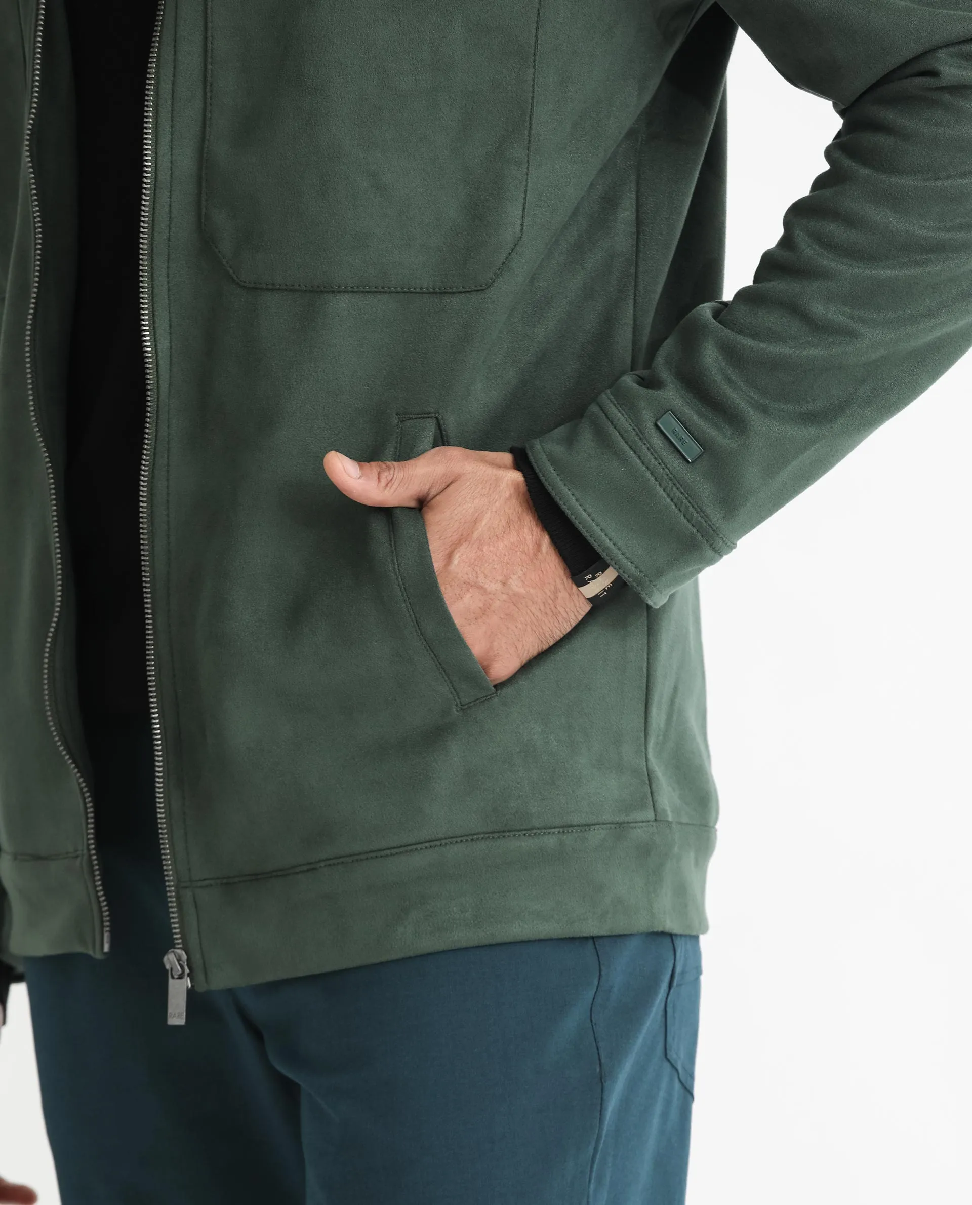 Rare Rabbit Men's Bax Green Suede Full Sleeves Zipper Closure Spread Collar Boxy Fit Solid Jacket