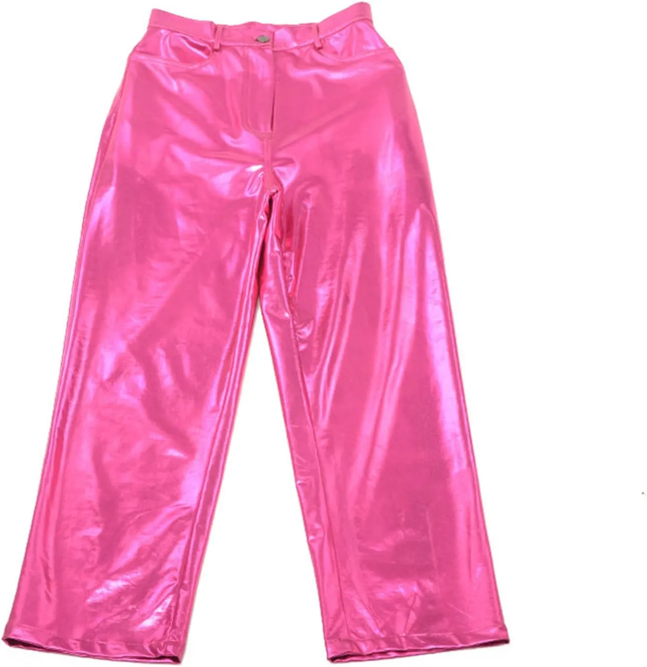 Silver Metallic Straight Leg Pants for Women High Waist Button Down Long Pants PU Leather Sparkling Trousers