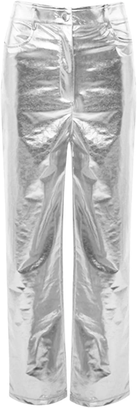 Silver Metallic Straight Leg Pants for Women High Waist Button Down Long Pants PU Leather Sparkling Trousers