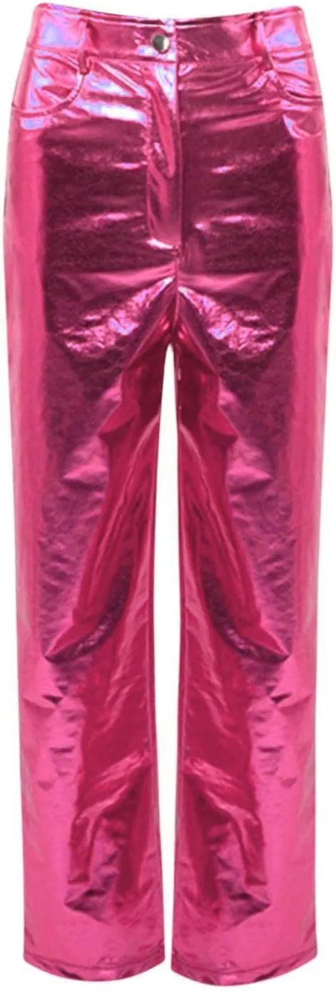 Silver Metallic Straight Leg Pants for Women High Waist Button Down Long Pants PU Leather Sparkling Trousers