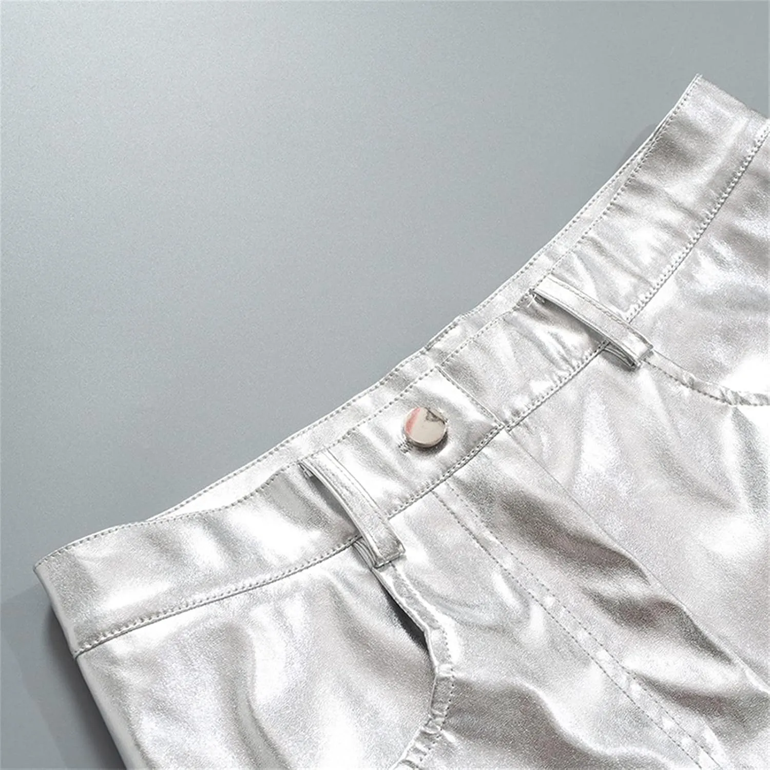 Silver Metallic Straight Leg Pants for Women High Waist Button Down Long Pants PU Leather Sparkling Trousers