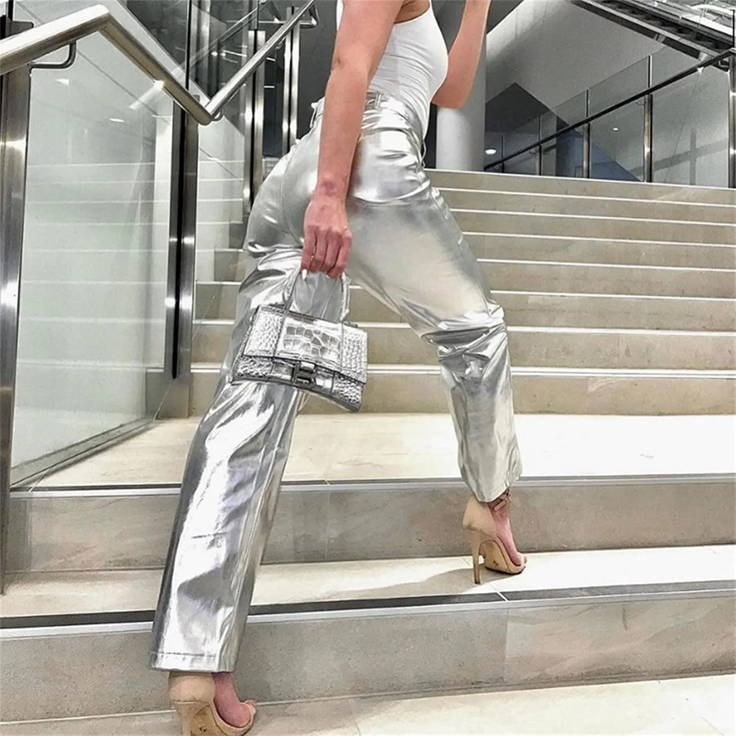 Silver Metallic Straight Leg Pants for Women High Waist Button Down Long Pants PU Leather Sparkling Trousers