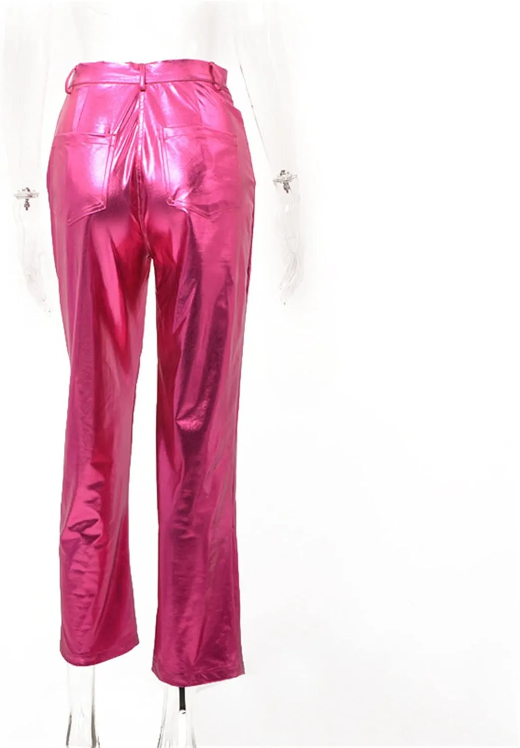 Silver Metallic Straight Leg Pants for Women High Waist Button Down Long Pants PU Leather Sparkling Trousers