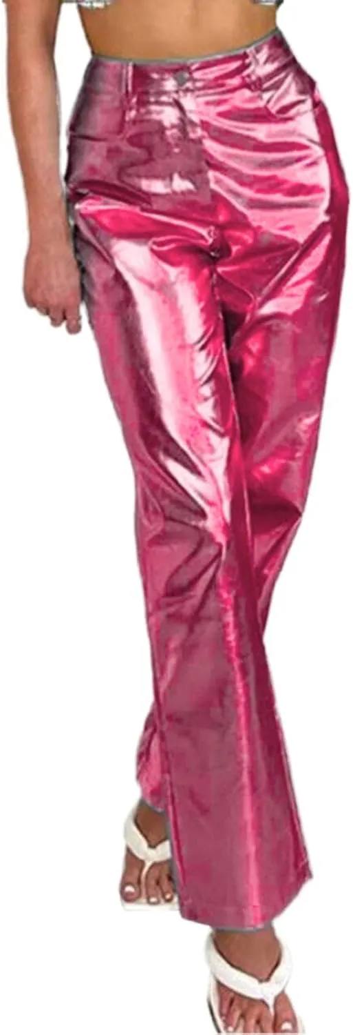 Silver Metallic Straight Leg Pants for Women High Waist Button Down Long Pants PU Leather Sparkling Trousers