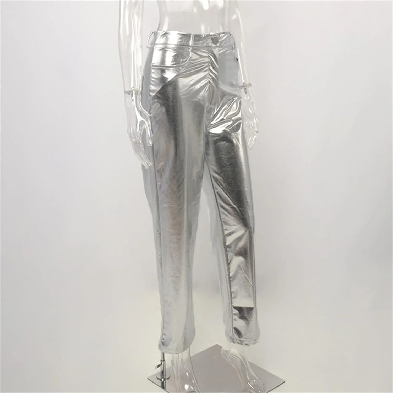 Silver Metallic Straight Leg Pants for Women High Waist Button Down Long Pants PU Leather Sparkling Trousers