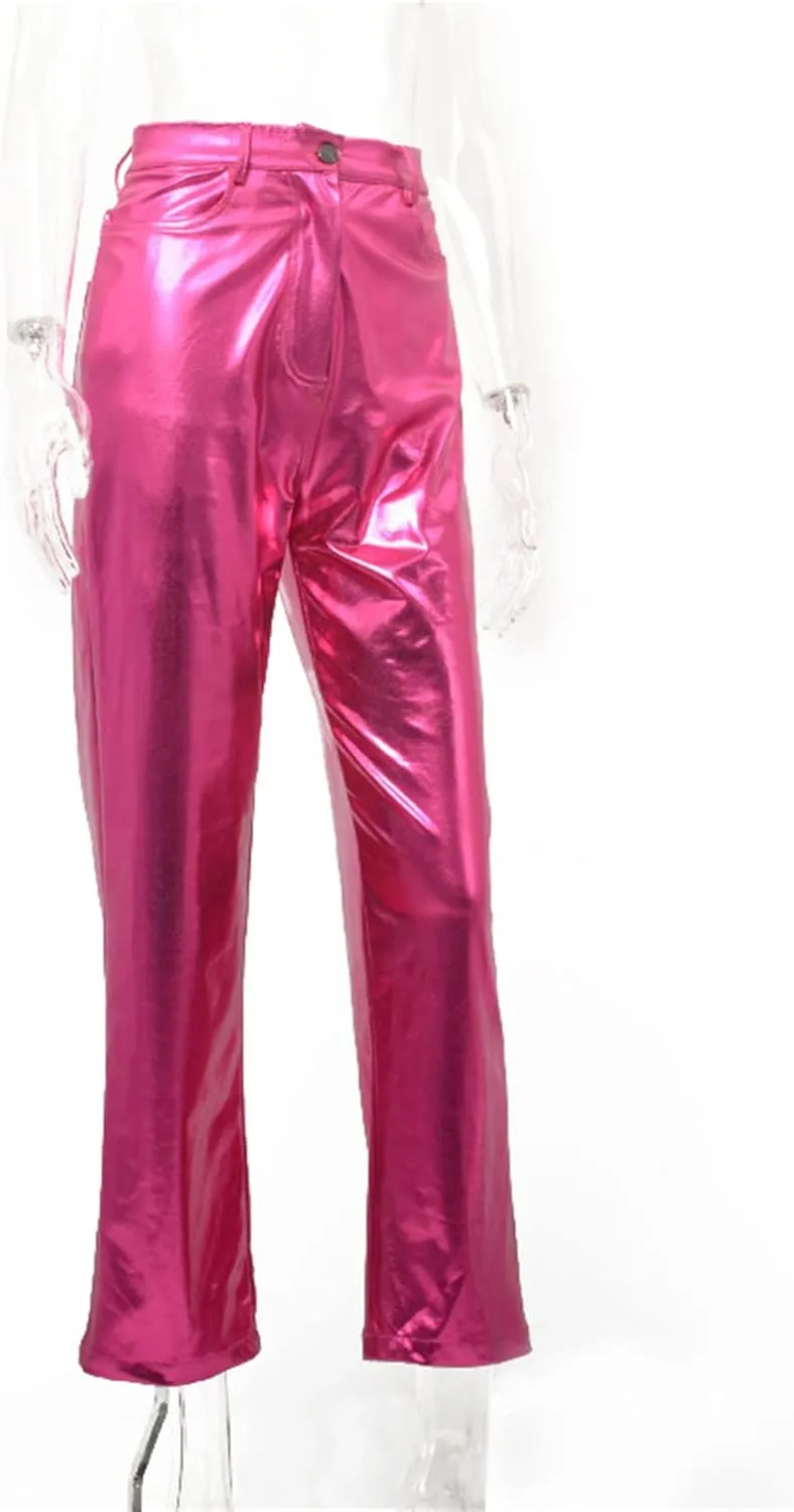 Silver Metallic Straight Leg Pants for Women High Waist Button Down Long Pants PU Leather Sparkling Trousers