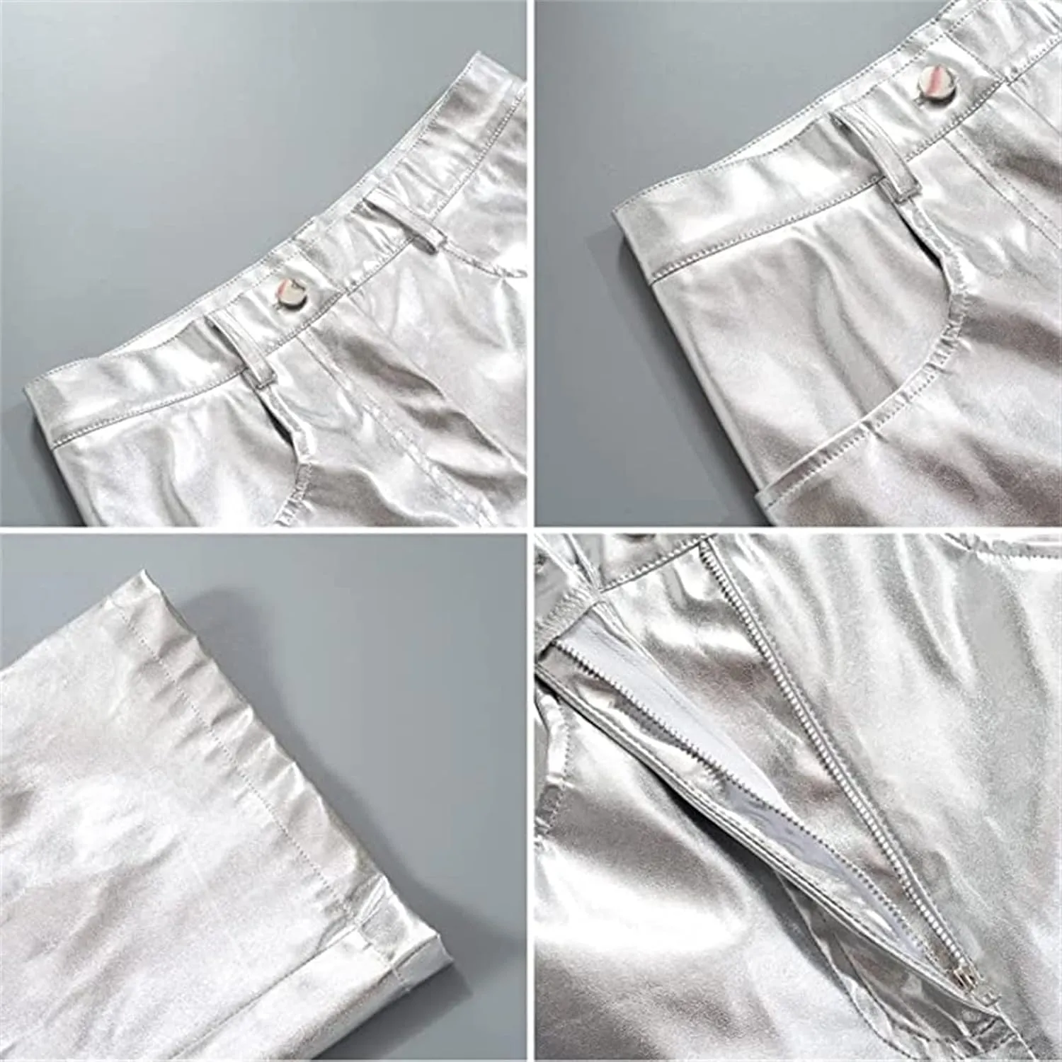 Silver Metallic Straight Leg Pants for Women High Waist Button Down Long Pants PU Leather Sparkling Trousers