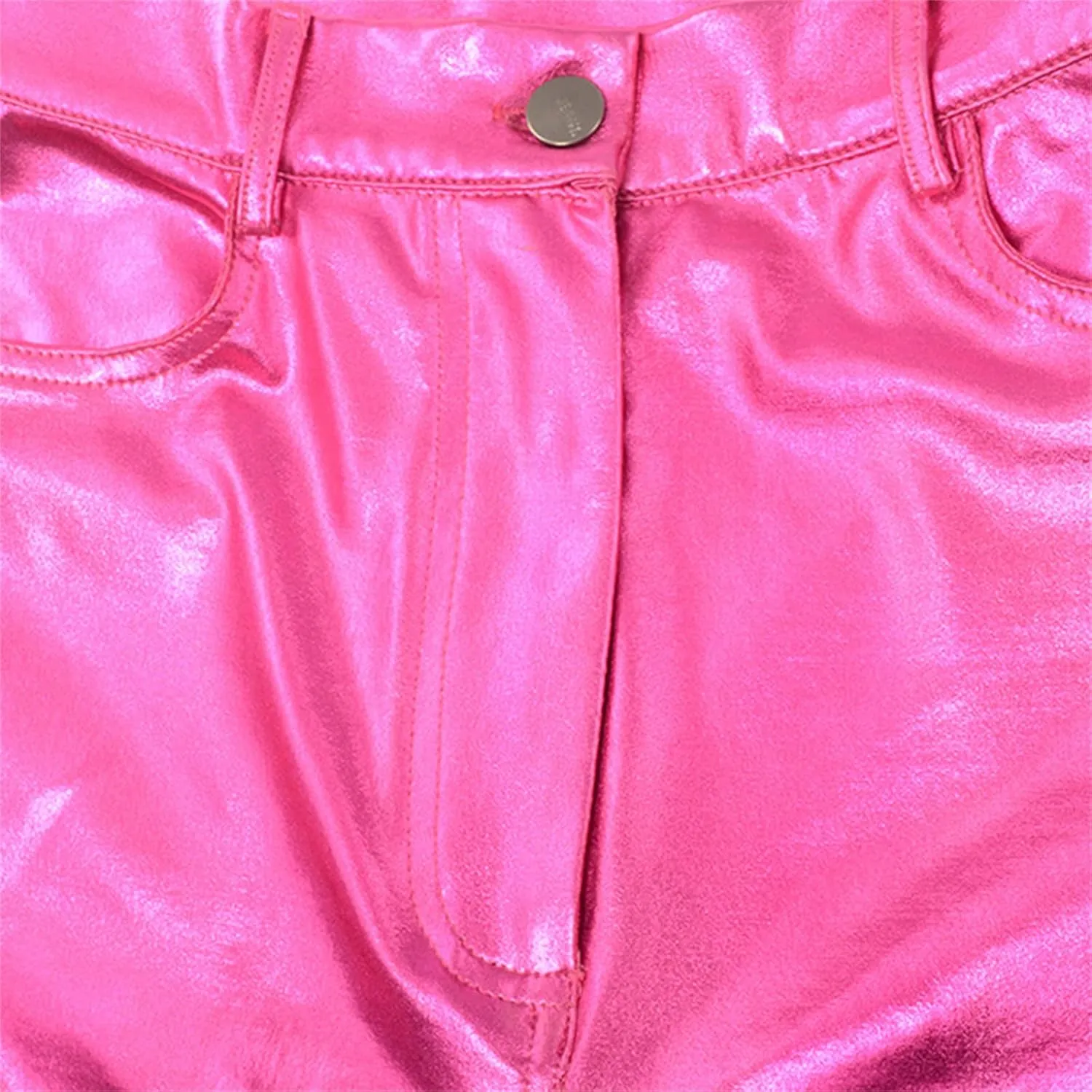 Silver Metallic Straight Leg Pants for Women High Waist Button Down Long Pants PU Leather Sparkling Trousers
