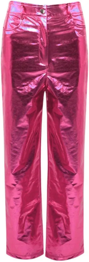 Silver Metallic Straight Leg Pants for Women High Waist Button Down Long Pants PU Leather Sparkling Trousers