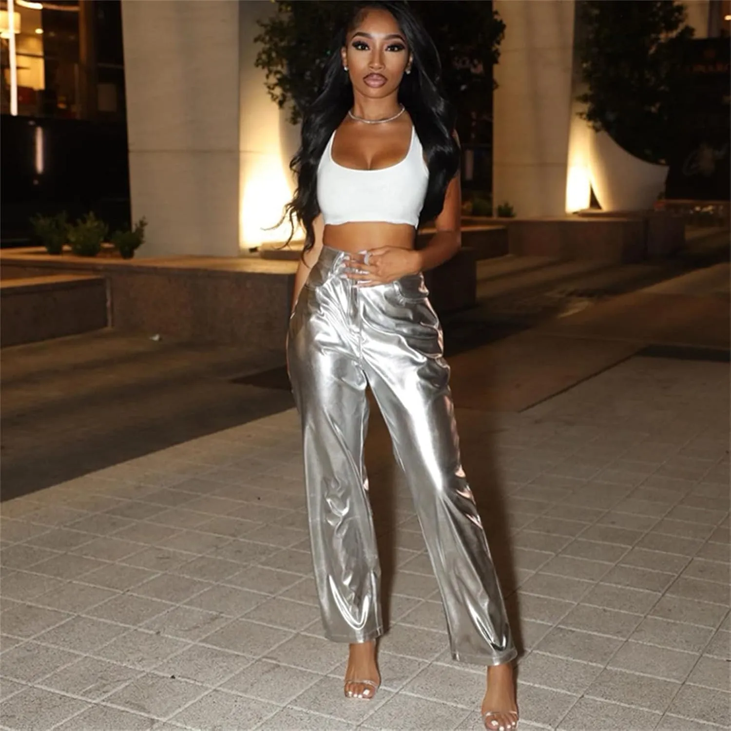Silver Metallic Straight Leg Pants for Women High Waist Button Down Long Pants PU Leather Sparkling Trousers