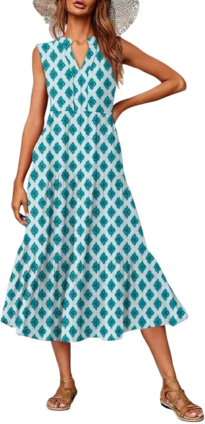 Summer Dresses for Women 2025 Casual Midi Maxi Dresses Lightweight V Neck Elastic Waist Boho Beach Dress