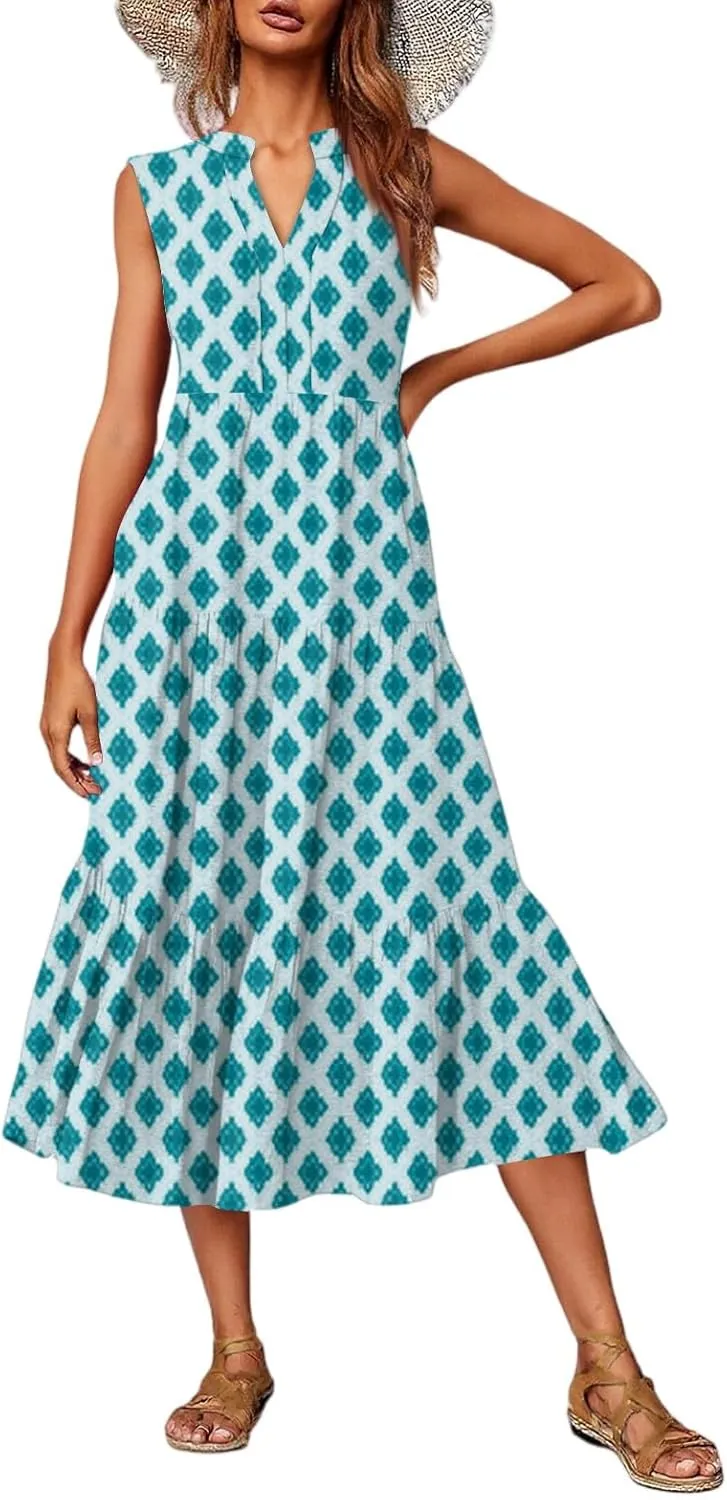 Summer Dresses for Women 2025 Casual Midi Maxi Dresses Lightweight V Neck Elastic Waist Boho Beach Dress