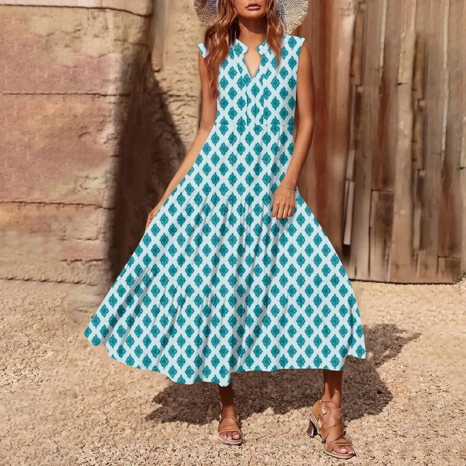 Summer Dresses for Women 2025 Casual Midi Maxi Dresses Lightweight V Neck Elastic Waist Boho Beach Dress