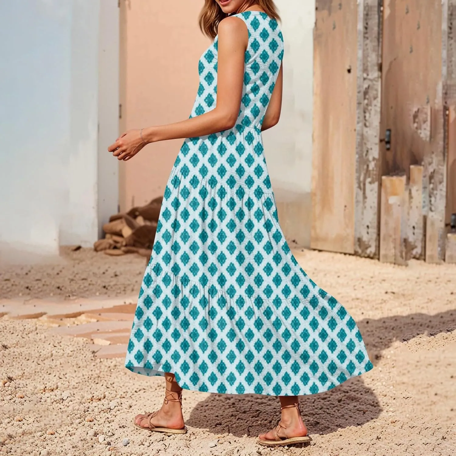 Summer Dresses for Women 2025 Casual Midi Maxi Dresses Lightweight V Neck Elastic Waist Boho Beach Dress