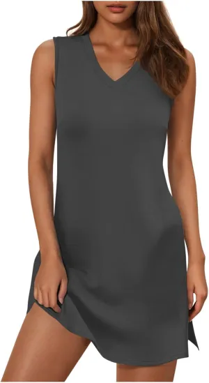 Sundresses for Women Summer Casual V Neck Sleeveless Dresses Boho Beach Cover Up Tank Dress A Line T-Shirts Dress